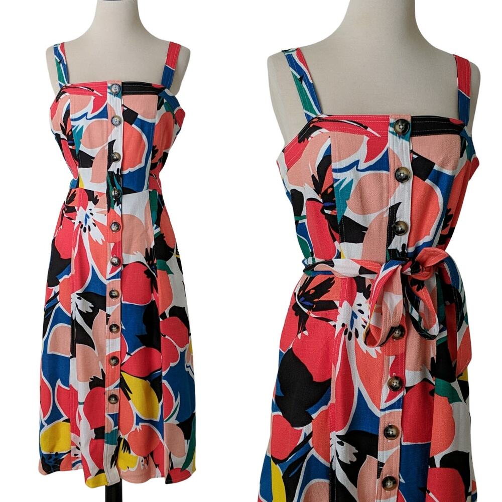 Donna Ricco‎ Summer Floral Dress Button Front Colorful Vacation Bright Event 8